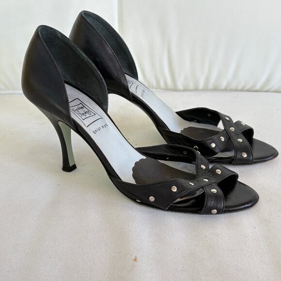 Cynthia Rowley Peep Toe Stud Heels 7.5 Black Leather Glam Academia Prep 90s Y2k - Picture 3 of 6